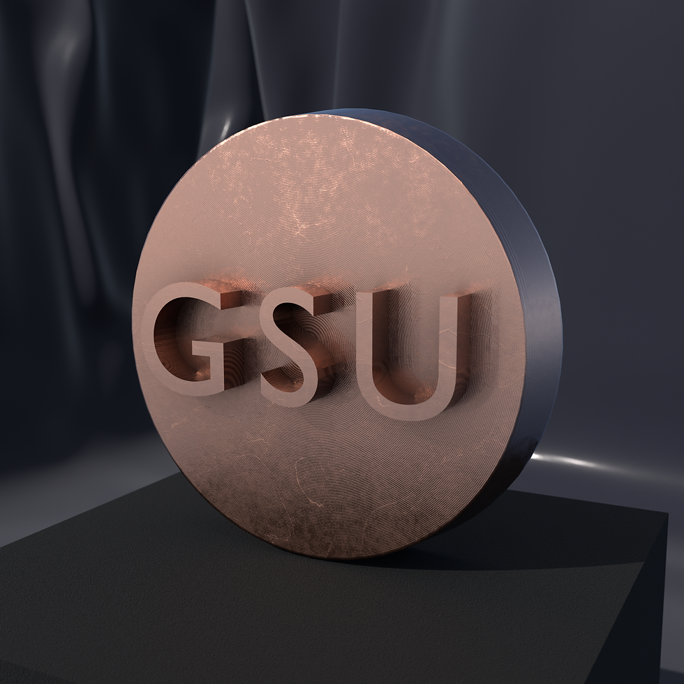 GSU Initials medallion in copper, front view of the relief design