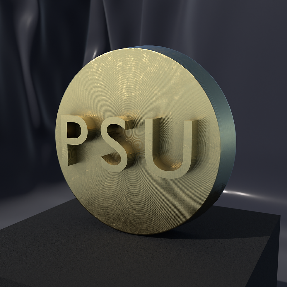 PSU Initials medallion in Nordic Gold, front view of the relief design