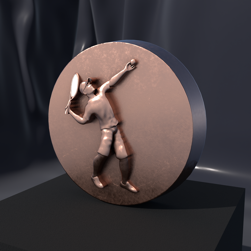 Tennis Player medallion in copper, front view of the relief design