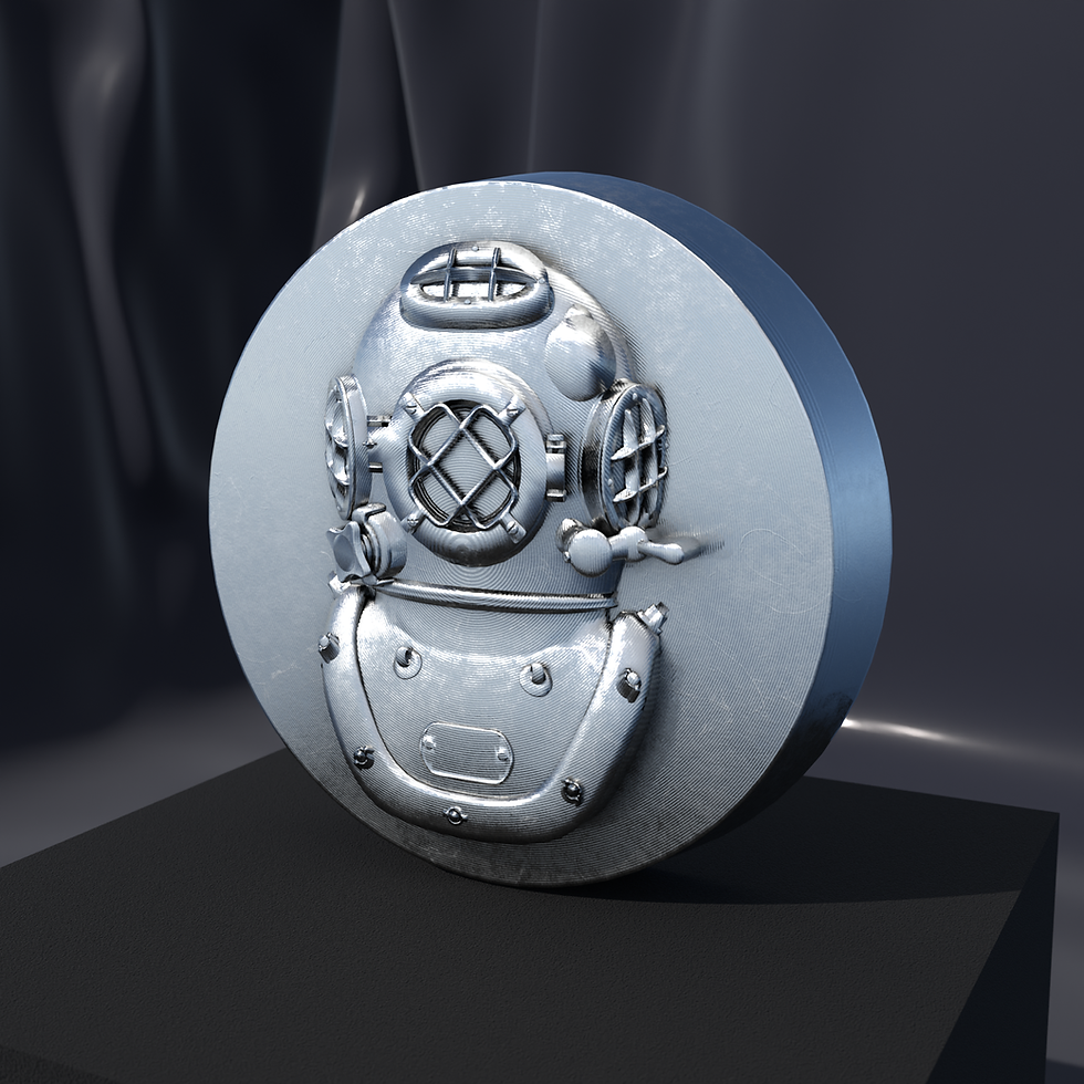 Deep Sea Diver medallion in Silver .999 Fine, front view of the relief design