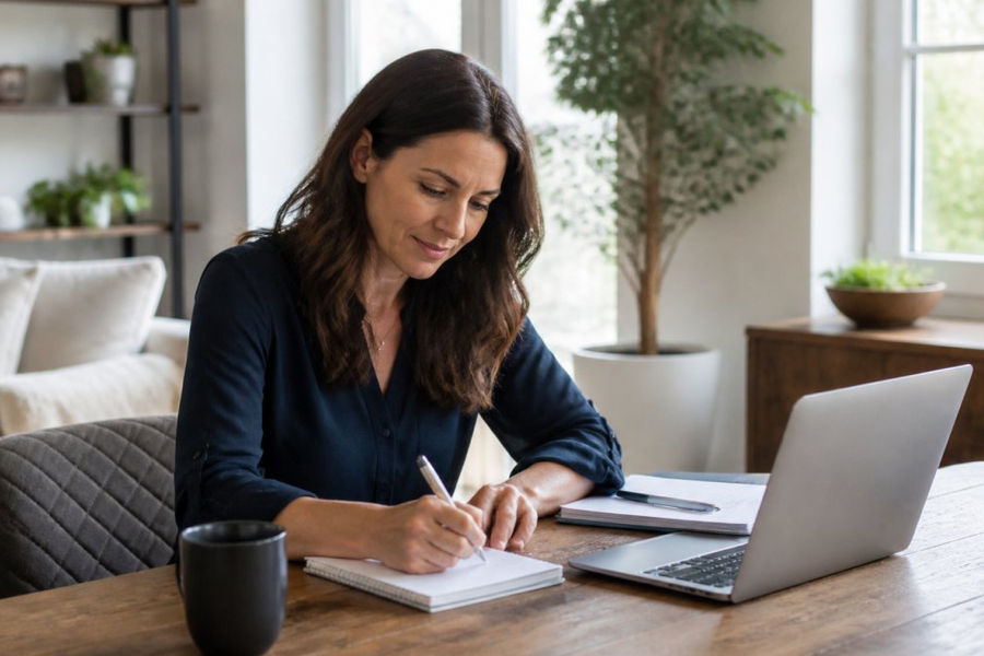 A small business owner in a video call with a mentor, taking notes at a desk with a laptop and coffee, bright home office setting