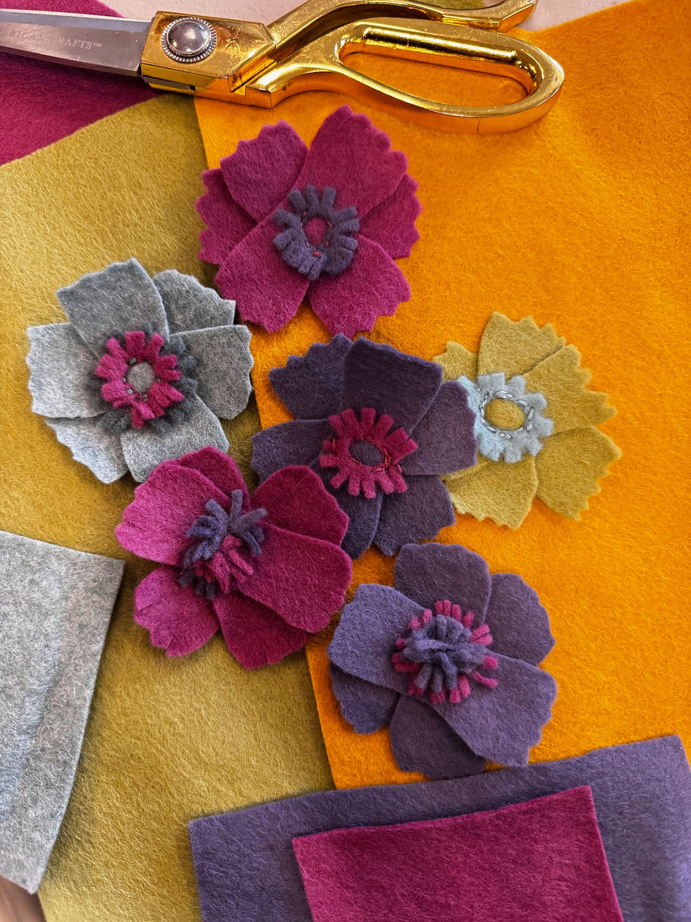 purple, grey and yellow felt flowers