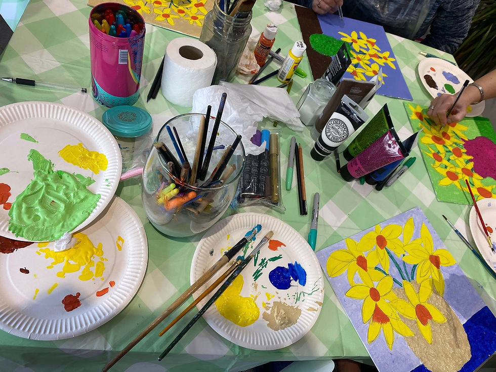 Table filled with paint and paintings of florals