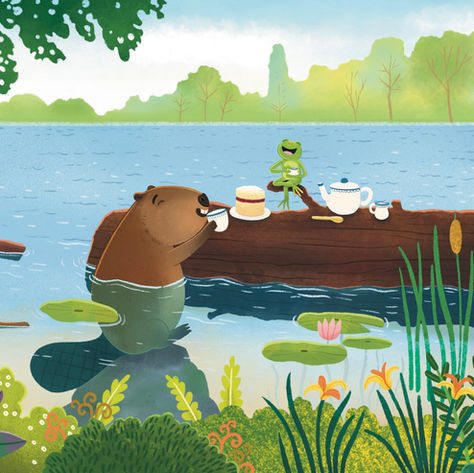 beaver and frog have tea on log in river