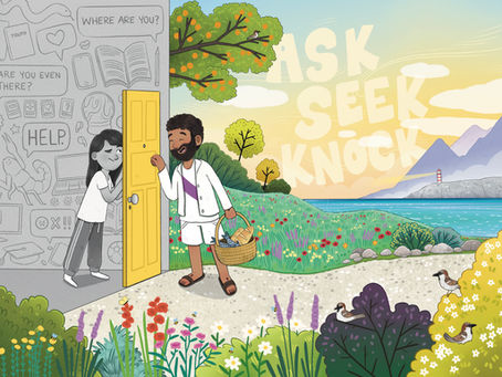a man knocks on a yellow door while a woman on the other side looks through the peep hole suspiciously
