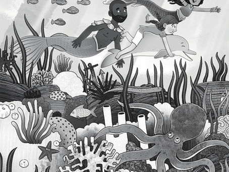 a girl rides a dolphin along with two mermaids through a diverse coral reef filled with ocean critters