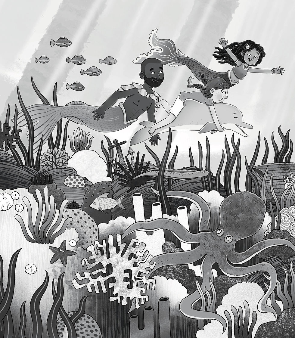 Under the ocean, a vibrant scene unfolds with two mermaids and a child riding a dolphin amidst diverse coral reefs and playful sea creatures.