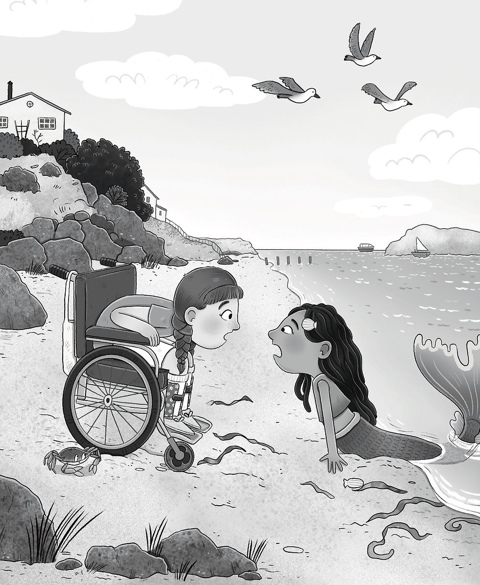 A young girl sits in a wheelchair by the seaside, exchanging a look of surprise and curiosity with a mermaid who has come ashore. Seagulls soar above, and a serene coastal landscape forms the backdrop of this enchanting encounter.