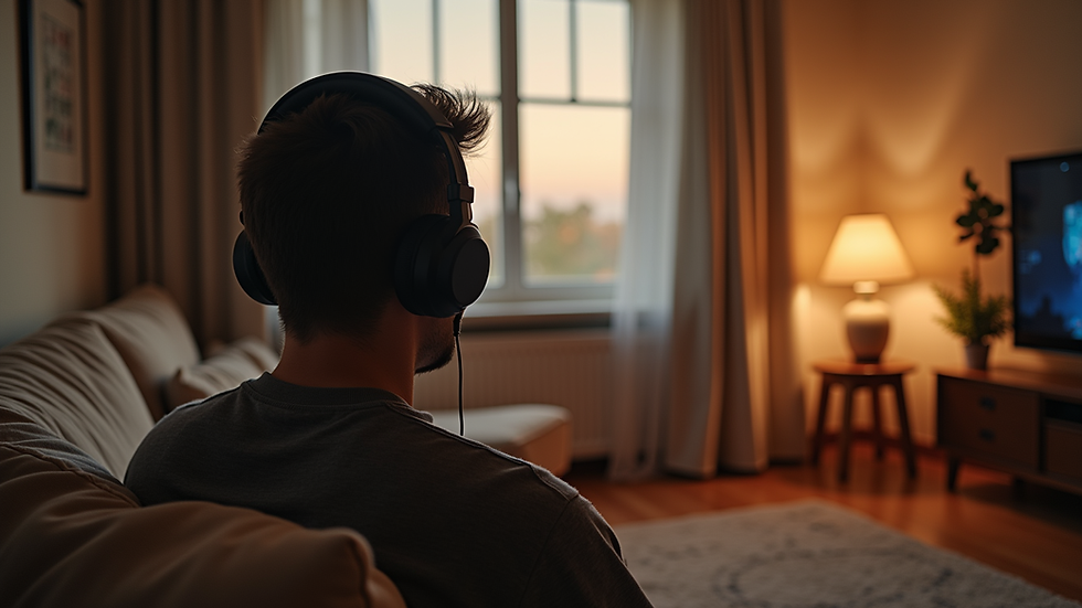 Eye-level view of a cozy living room with a person listening to a sermon podcast on headphones