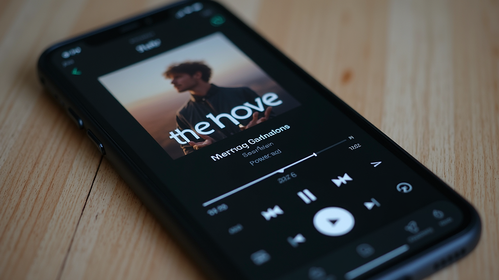 Close-up view of a smartphone screen showing a podcast app with a sermon episode playing