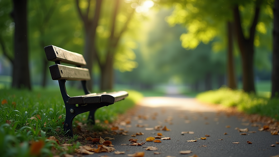 Eye-level view of a peaceful park bench surrounded by green trees