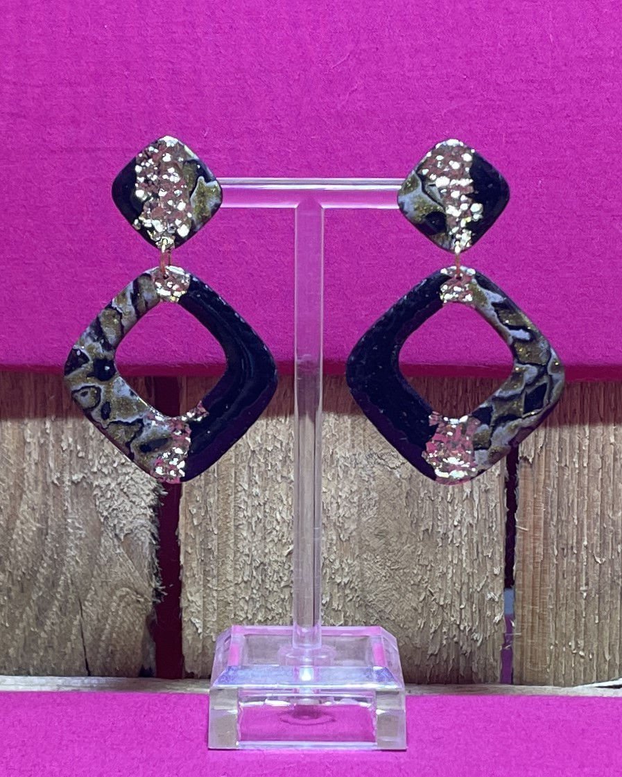 Miniature : Diamant – Boucles d'oreilles - argile polymère - Noir-Ort - Atelier Arti'Zen