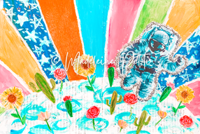 An astronaut floating over a succulent garden growing on the moon.