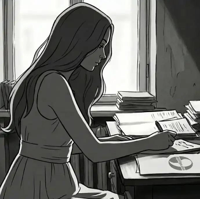 Силует на жена, която пише в атмосфера на концентрация.