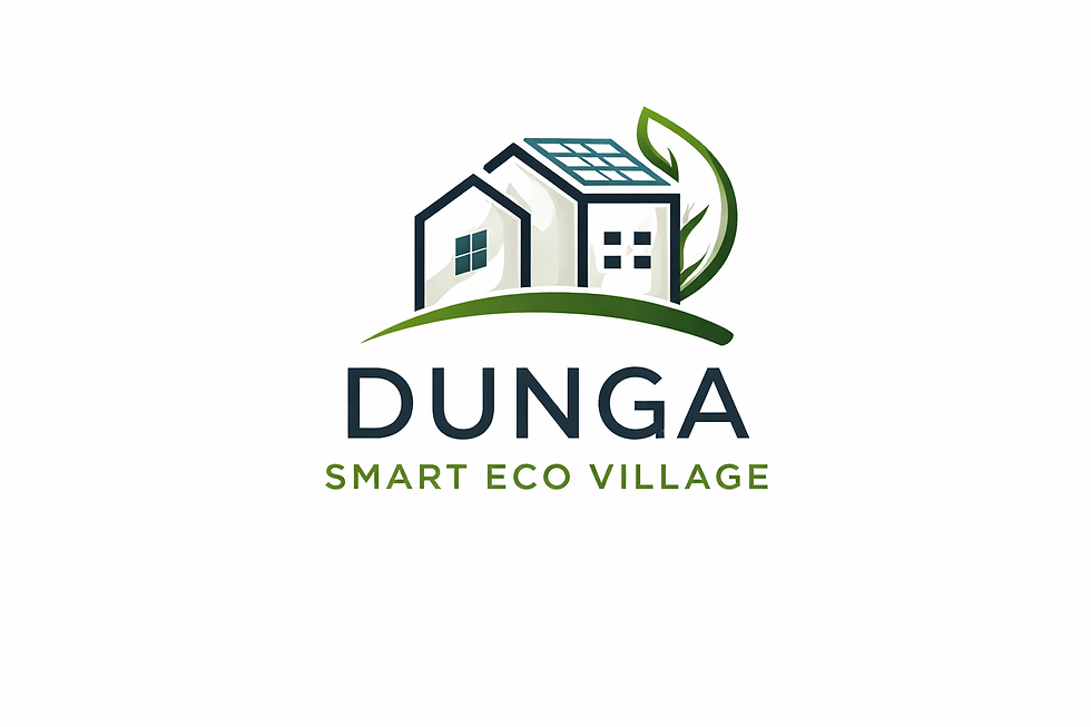 Logo for Dunga Smart Eco Village with modern eco-friendly houses and green leaf, landscape layout, white background