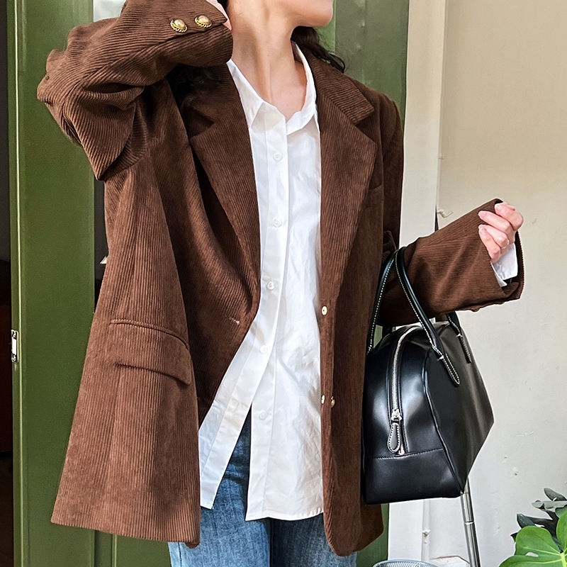 Miniatura: 2023 Women Autumn Blazer Coat Turn Down Collar Fashion Corduroy Blazer Feminino 
