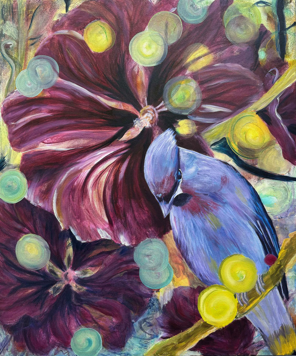 Begegnung eines Vogels mit einer Roten Blüte.JPEG