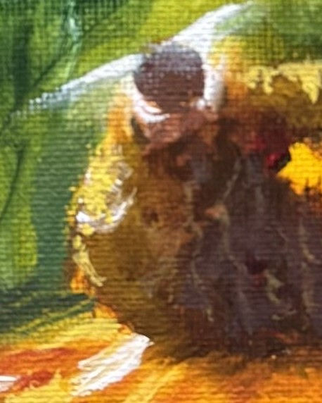 detail of a Mixed Media Painting yellow and brown flower with a bee.JPEG