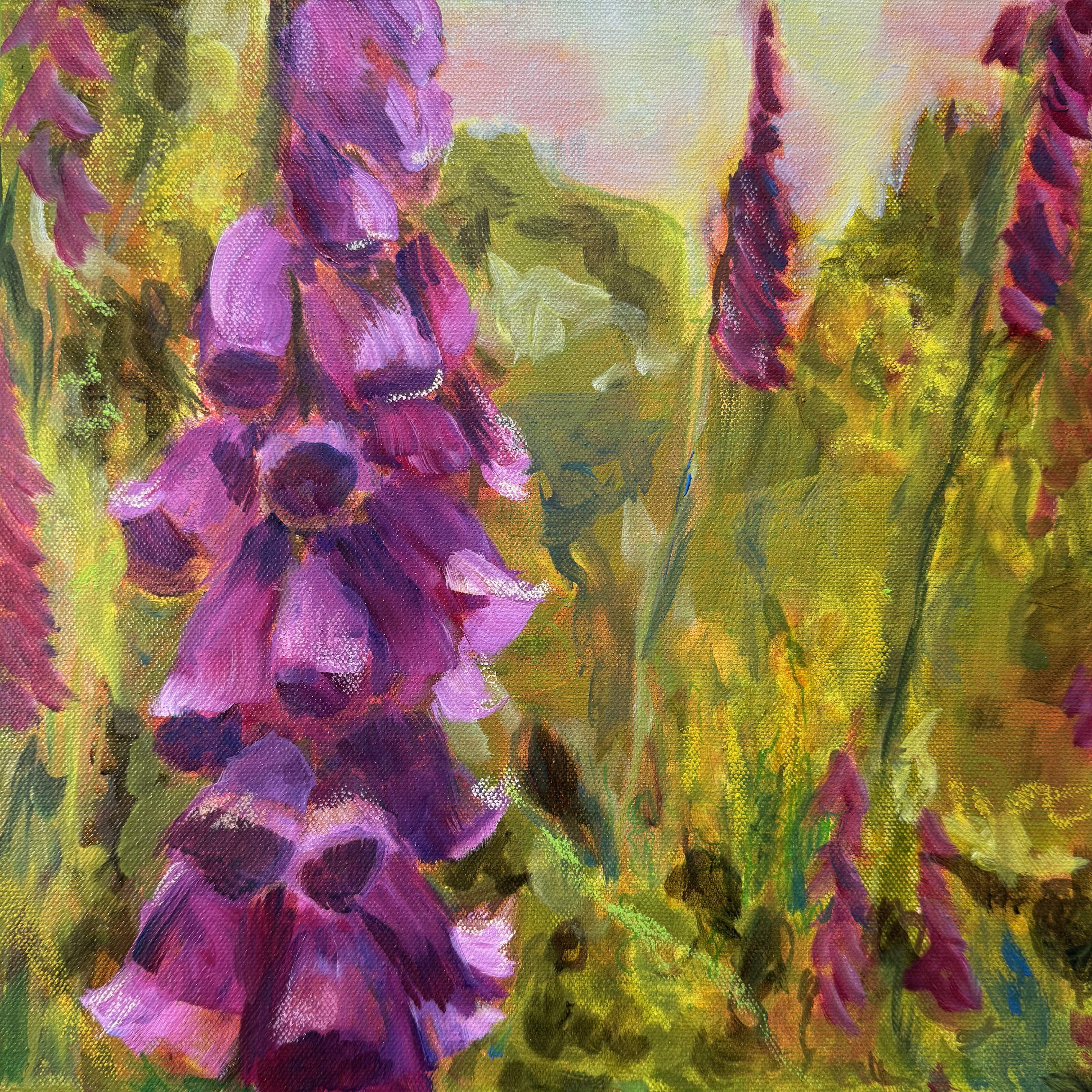 in Gemälde, das eine natürliche Szene mit lebendigen Farben darstellt. Der
Hauptfokus liegt auf hohen, violetten Fingerhüten, mit ihren glockenförmigen
Blüten. Der Hintergrund besteht aus abstrakten, impressionistischen Strichen in
Grün, Gelb und Anklängen von Rosa, die eine üppige, grüne Landschaft mit
möglicherweise mehr Blumen und Laub andeuten. Die Verwendung von Farbe
und Pinselstrichen schafft ein Gefühl von Tiefe und Textur, wodurch die Blumen
vor dem weicheren, diffuseren Hintergrund hervortreten. Dieses Gemälde ist
aufgrund seiner lebendigen Farbpalette und der Art und Weise, wie es die
Essenz einer natürlichen, blühenden Umgebung einfängt, interessant.
A painting depicting a natural scene with vibrant colors. The main focus is on
tall, purple foxglove, with their bell-shaped blossoms prominently displayed. The
background consists of abstract, impressionistic strokes of green, yellow, and
hints of pink, suggesting a lush, verdant landscape with possibly more flowers