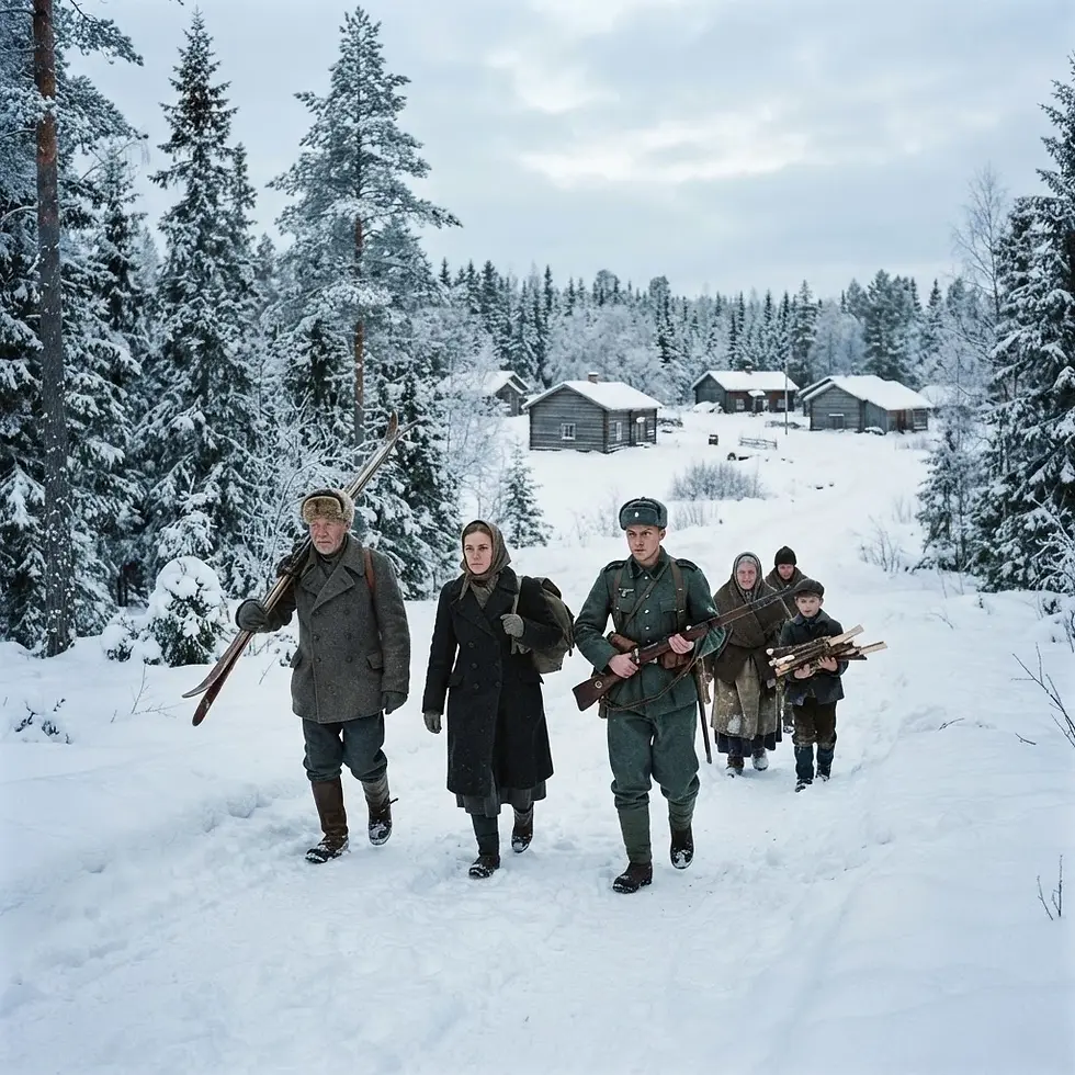Historical reenactment photography showing a group of people, including a soldier, walking through a snowy forest landscape towards wooden cabins. The atmosphere is solemn and cold, evoking a wartime winter scene.