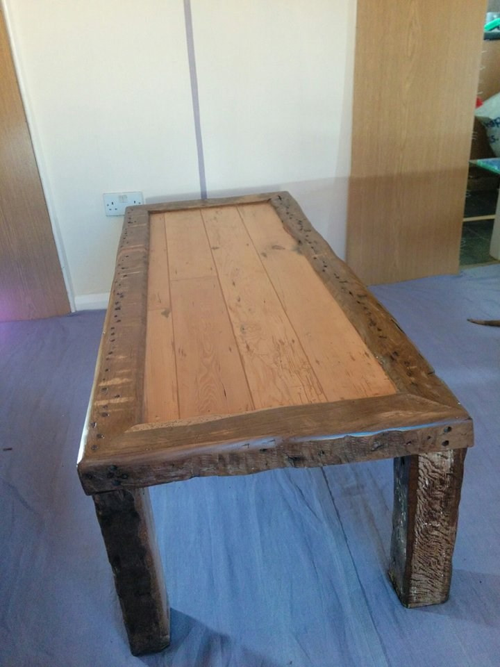 Thumbnail: Hand made reclaimed oak and yellow pine coffee table.