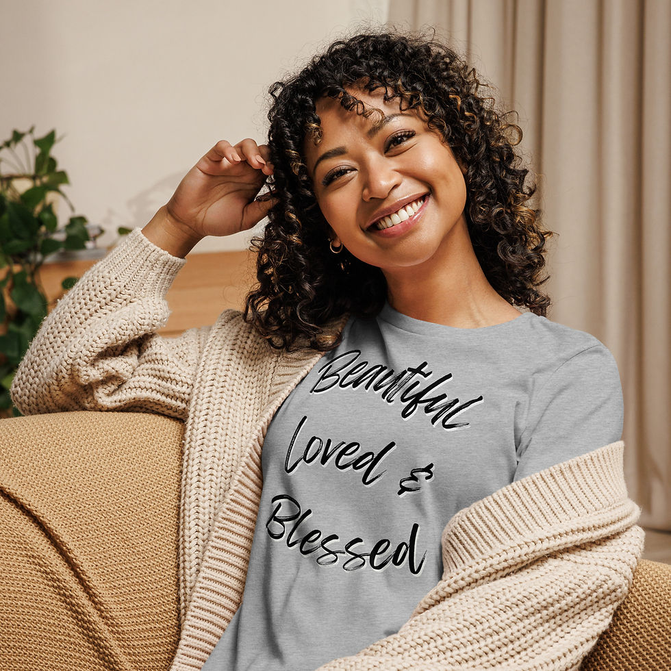 Cotton blend shirt with text “Beautiful, Loved, and Blessed"