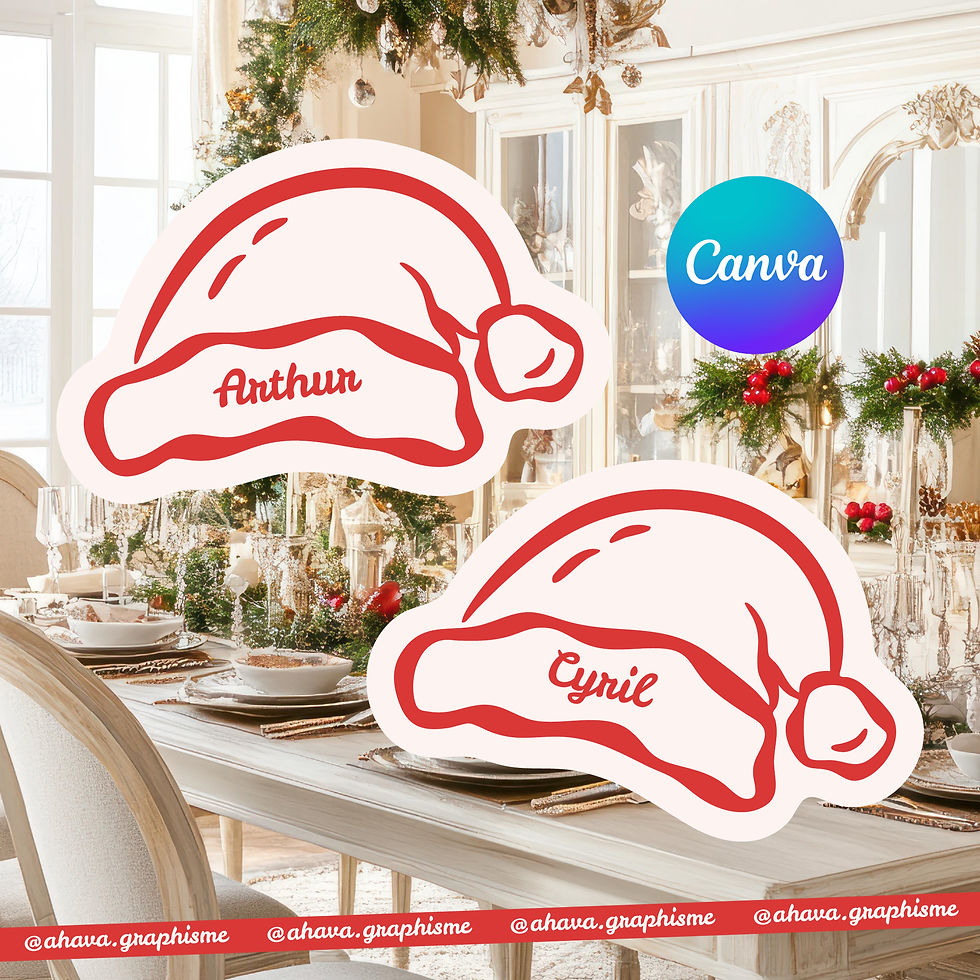 Bonnet de Noël marque-place rouge, étiquette personnalisable sur Canva, décoration de table à imprimer