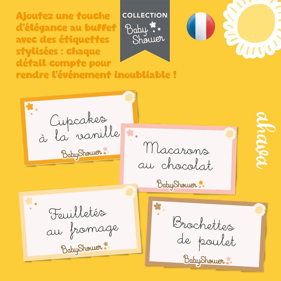 Miniature : Étiquettes du kit BabyShower thème orange - Pour buffet et décoration.