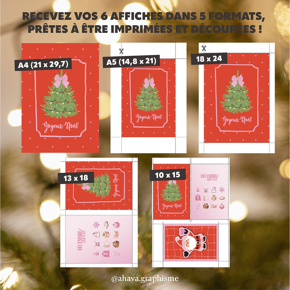 Miniature : Pack de 6 affiches de Noël imprimables - 5 formats - décorations murales festives modernes - illustrations roses et rouges