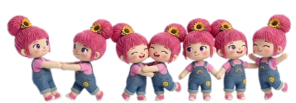 A row of seven adorable, matching 3D cartoon dolls with pink hair, sunflower headbands, and denim overalls. These are the joyful characters from Pure Pure Love Island, representing unity and the pure love storybook family