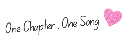 Handwritten inspirational quote in a charming, artistic font: "One Chapter, One Song," decorated with a large, shimmering pink glitter heart sticker on a blue striped background. This represents the unique multimedia experience of Pure Pure Love Island.