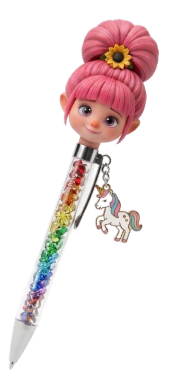 A beautiful, sparkling glitter pen topped with a 3D Sunflower character head and a tiny rainbow unicorn charm. This artistic element represents the creative spirit and the "writing from the heart" theme of Aisinia's blog.