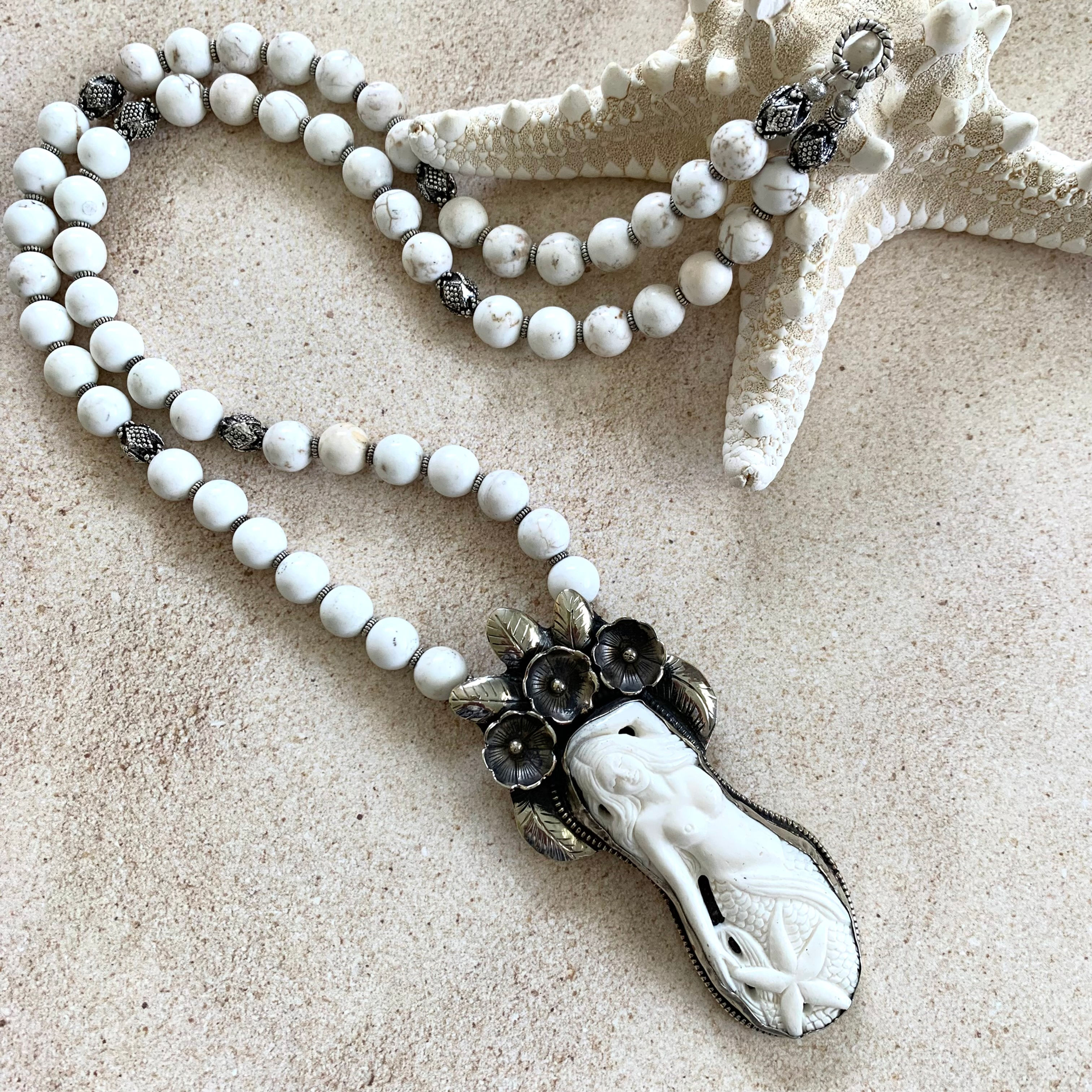 Tibetan silver and carved bone mermaid pendant long necklace