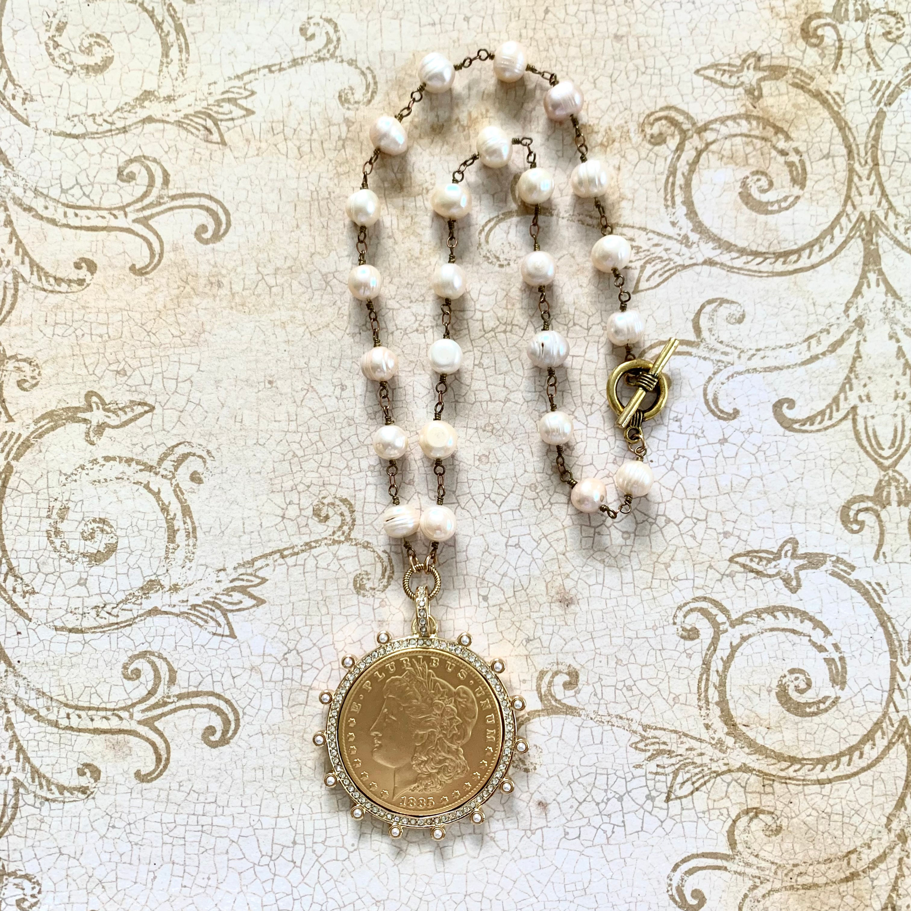 Gold coin necklace, pearl chain, CZ accented coin pendant