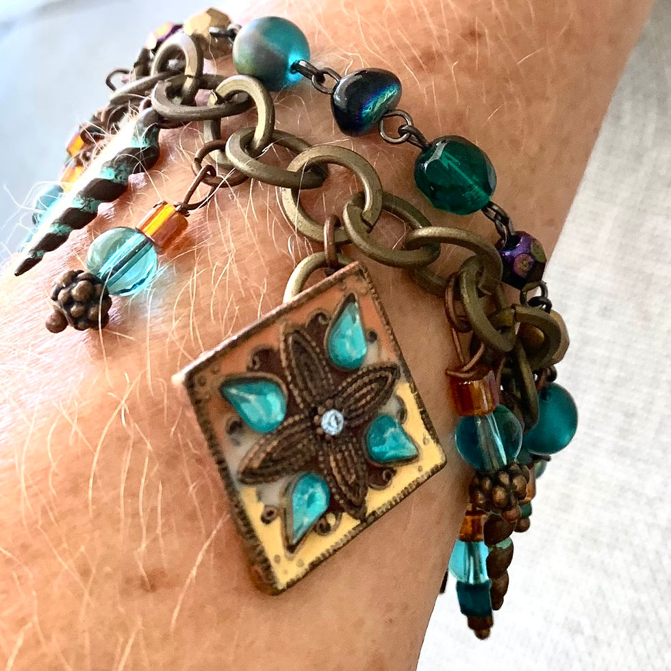 Verdigris copper charms, charm bracelet, turquoise glass beads