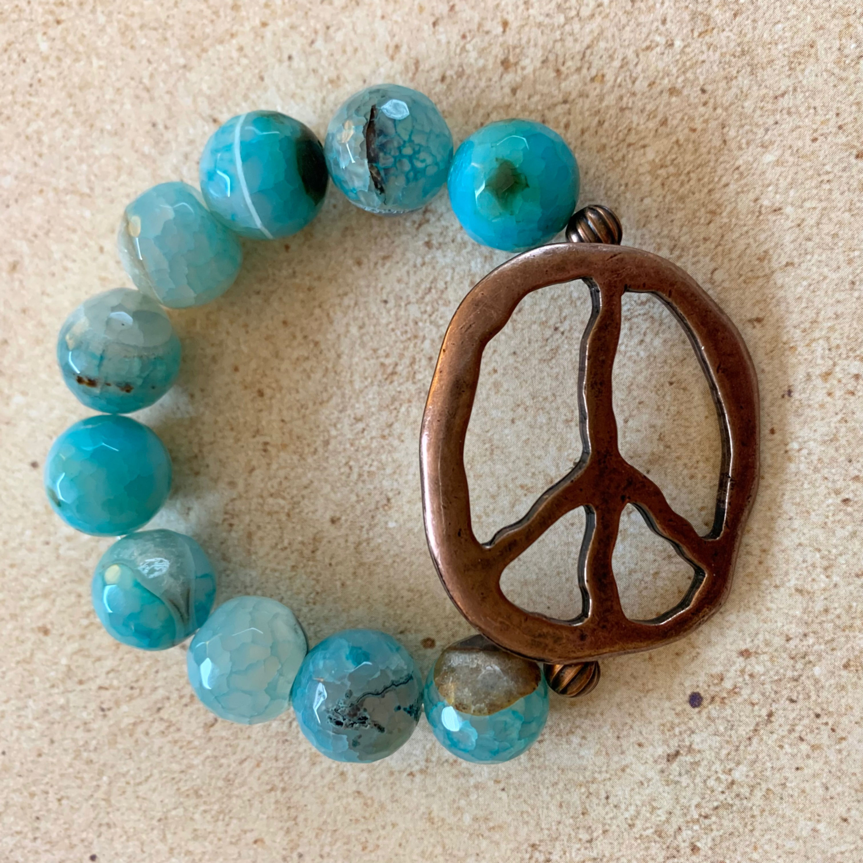 Antique Copper Peace Sign stretch elastic bracelet with agate beads