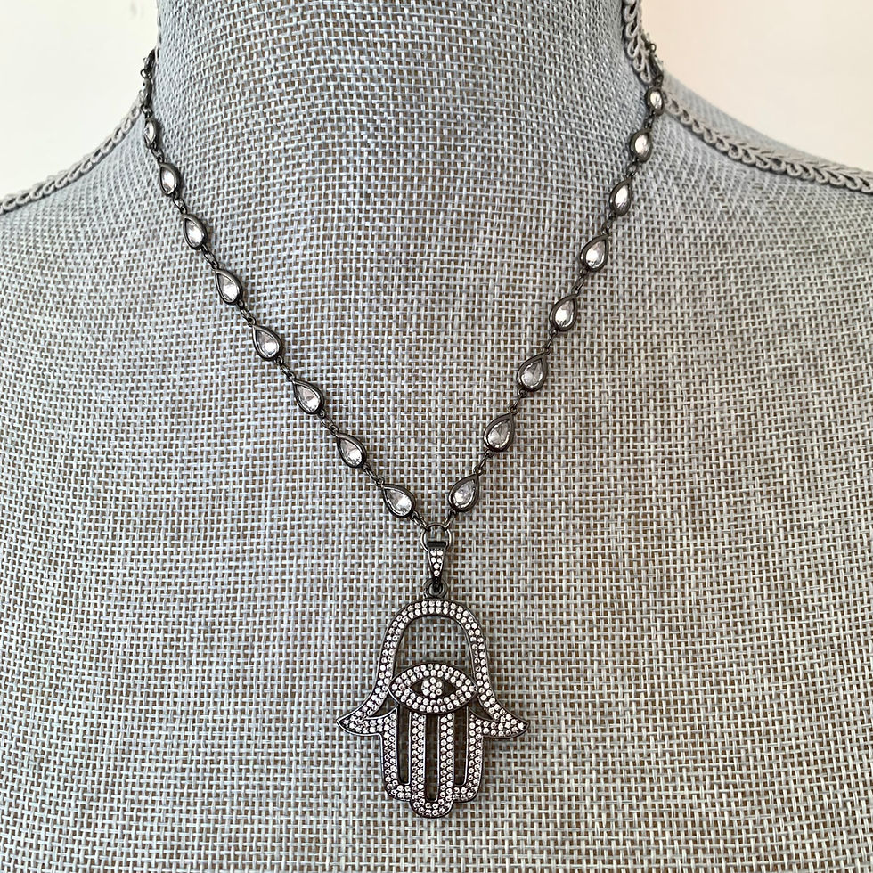 Cubic Zirconia Hamsa Hand, Tear drop cz chain necklace