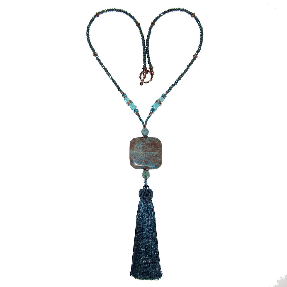 Thumbnail: Teal silk tassel blown glass jasper focal bead necklace