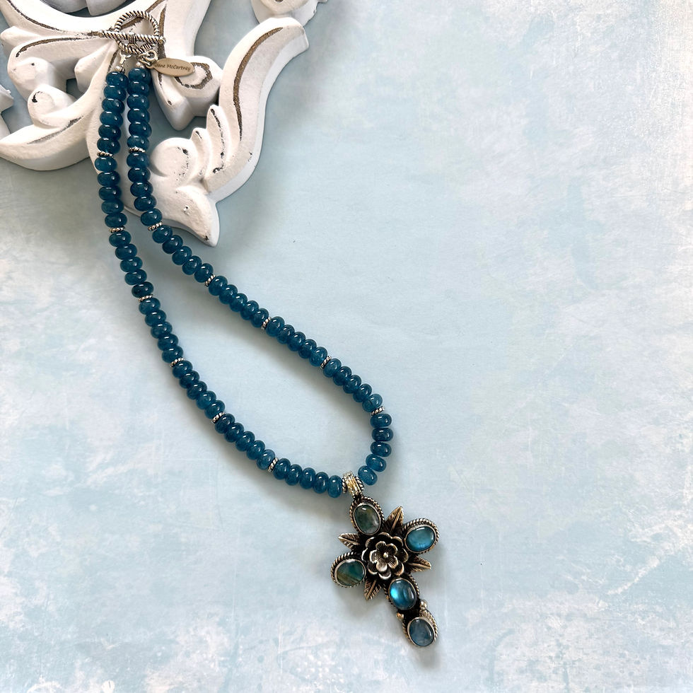 Thumbnail: Tibetan repousse' silver/Rainbow Moonstone cross with kyanite quartz beads