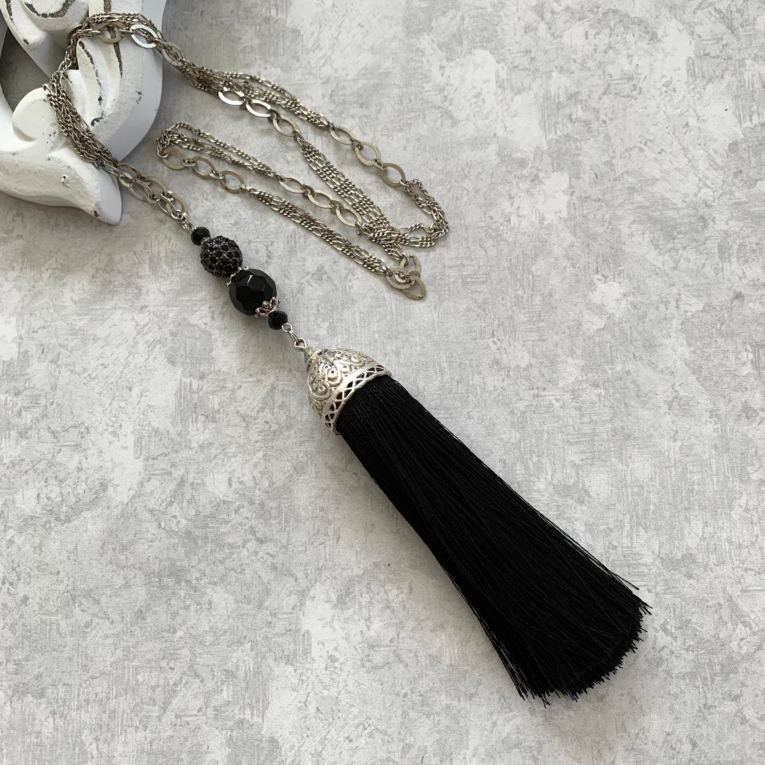 Black Turkish silk tassel mixed bead multi strand chain necklace