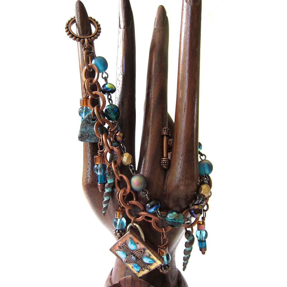 Thumbnail: Verdigris copper charms, charm bracelet, turquoise glass beads