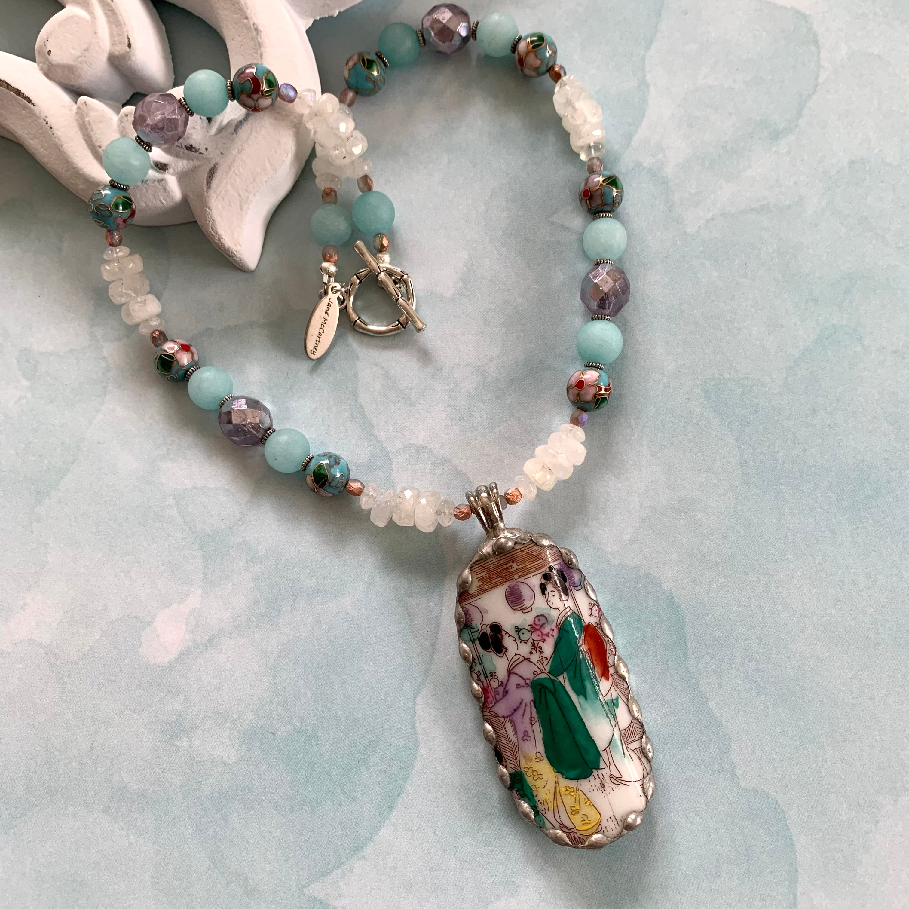 Japanese Geisha vintage pottery pendant gemstone necklace