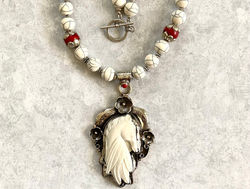 Tibetan sterling silver & carved bone pendant with coral and horn beads