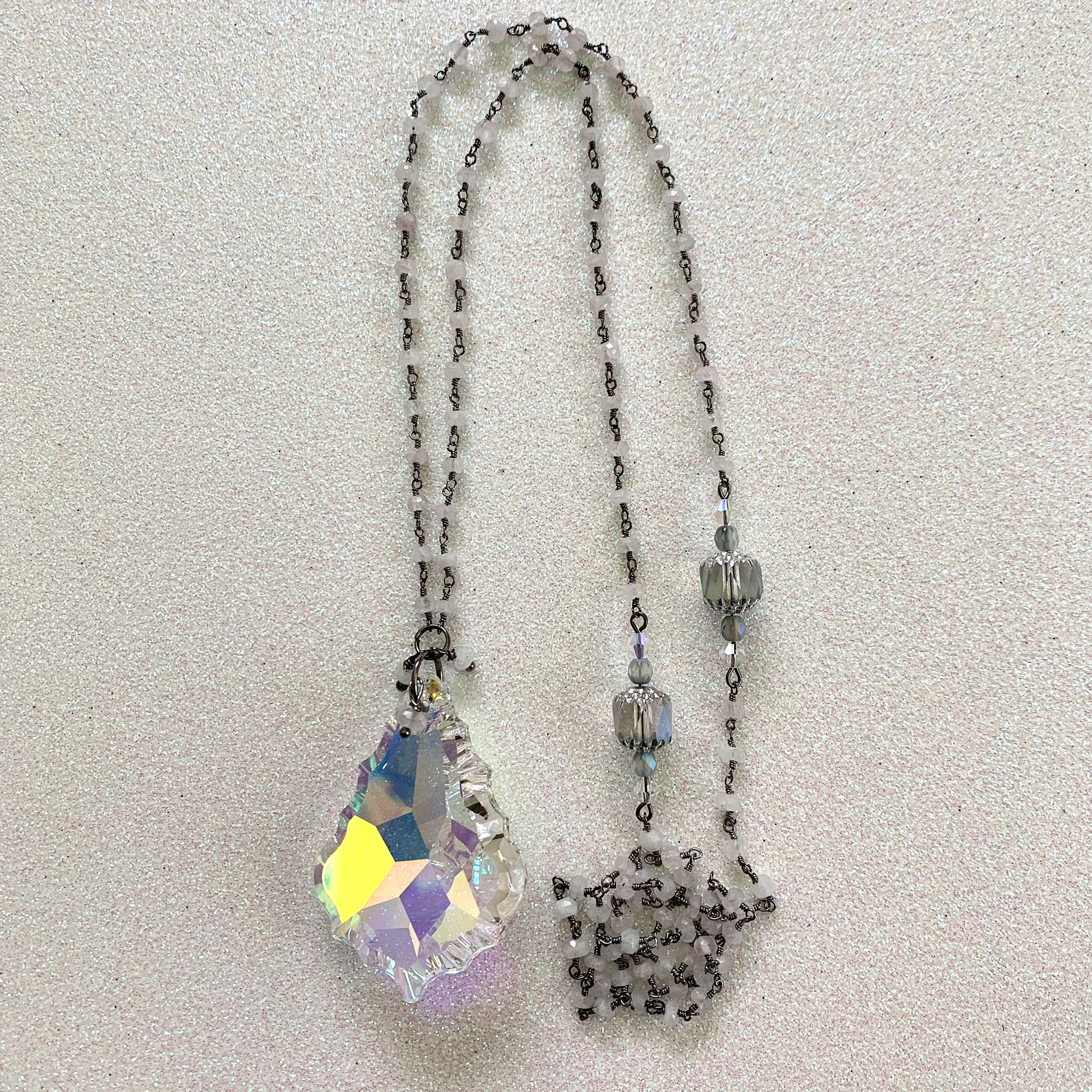 Aurora Borealis vintage French chandelier crystal on rainbow moonstone chain with Czech glass beads