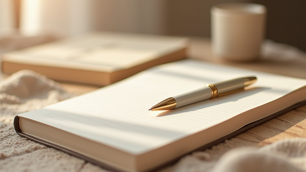 Close-up view of a journal and pen on a wooden table, symbolising reflection and inner work