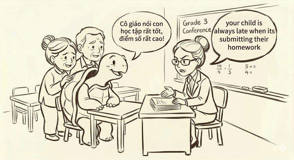 cartoon drawing of a child depicted as a turtle translating for their parents during a parent-teacher conference