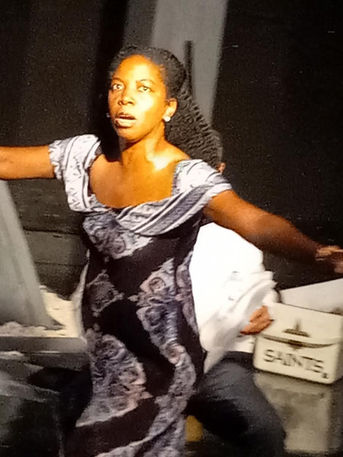 Woman in floral dress, dramatic expression