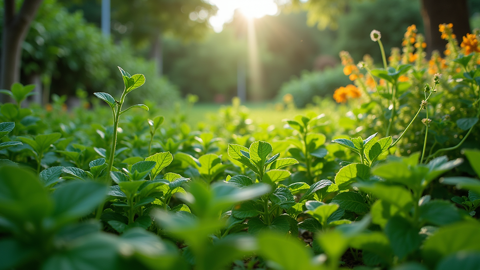 Eye-level view of a lush green garden with diverse plants