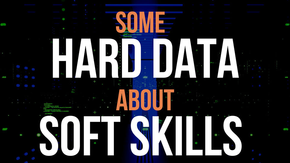 Text reading "Some Hard Data About Soft Skills" in bold white and orange, set against a dark background with green and blue digital patterns.