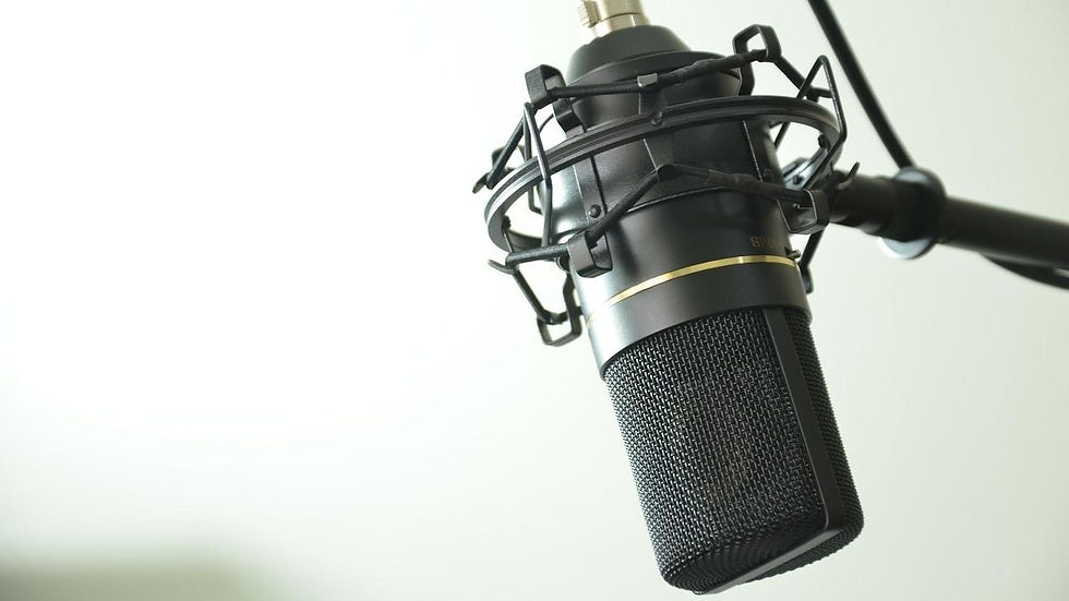 Close-up of a black studio microphone with a mesh grill and shock mount, set against a plain white background.